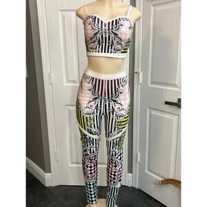 WOW Couture Two-Piece Printed Set | Crop Top & Pants | Y2K Graphic | Size S